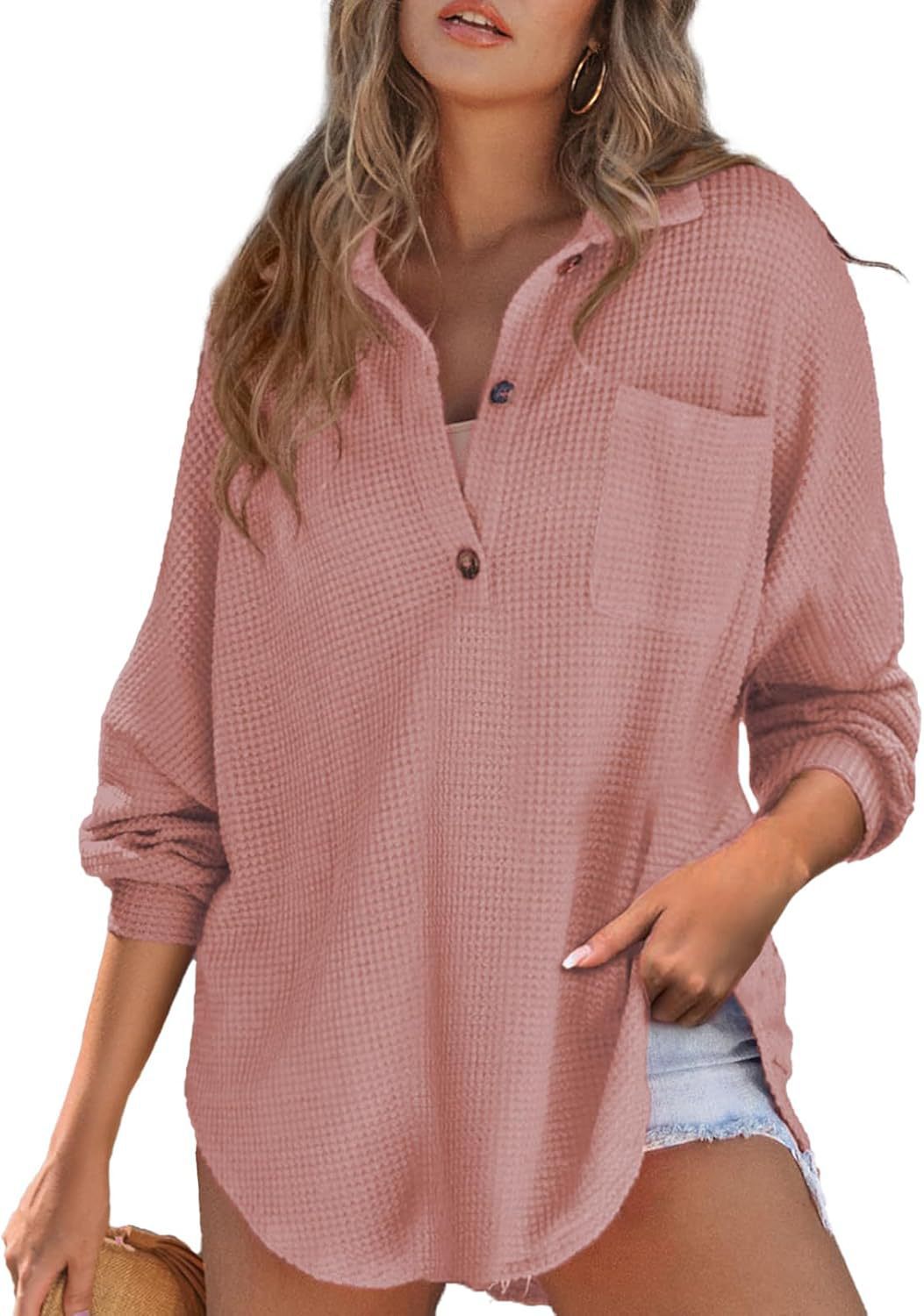 Women's Oversize Waffle Knit Shirt Tunic with Chest Pocket and Wooden Buttons Mune Fashion