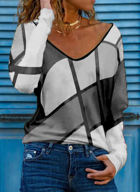 Women's Loose V-Neck Long Sleeve Shirt with Geometric Block Print and Oversized Fit Mune Fashion