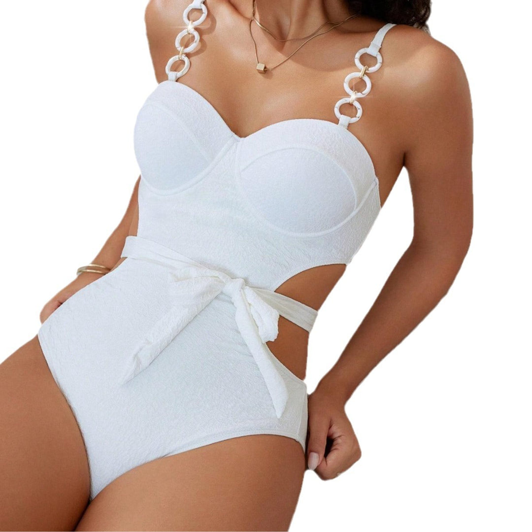 Women's One-Piece Swimsuit with Sophisticated Shoulder Details and Elegant Bow Tie Mune Fashion