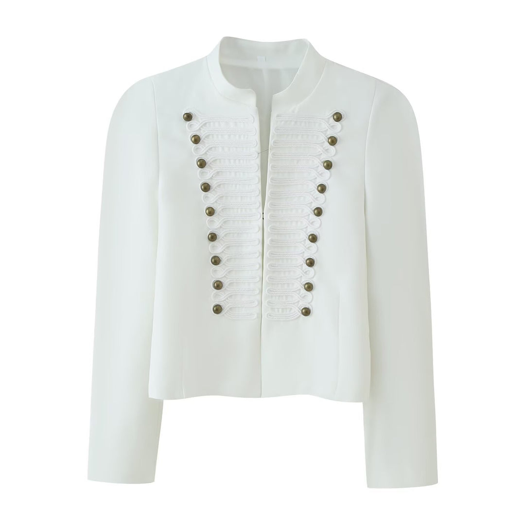 Women’s short military-style blazer with decorative cord application and stand-up collar Mune Fashion