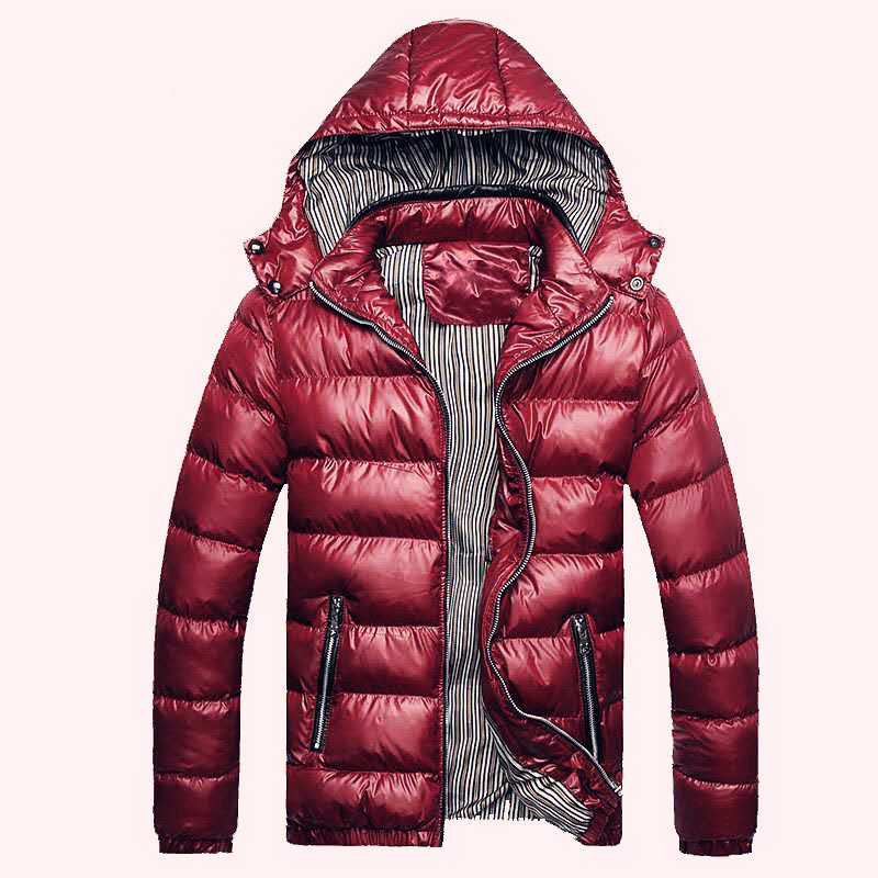 Men's Shiny Quilted Hooded Jacket with Thermo Padding and Striped Lining Mune Fashion