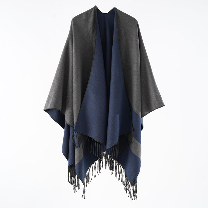 Ladies multifunctional fringe wrap poncho made of wool blend with double-layered drape