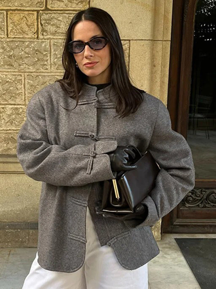 Women's Boxy Wool Blend Short Jacket with Toggle Closures and Stand-up Collar Mune Fashion