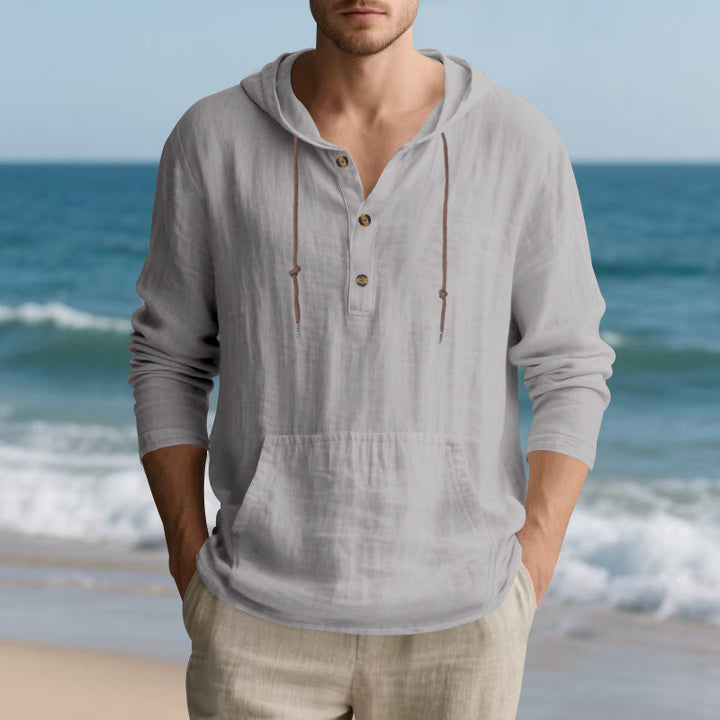 Men's lightweight hooded henley made of linen-cotton blend with kangaroo pocket and button placket Mune Fashion