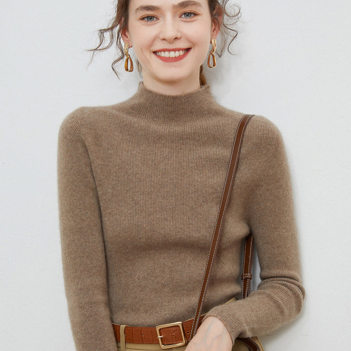 Women Lightweight fitted mock neck pullover in cashmere-like mohair look with fine ribbed texture Mune Fashion
