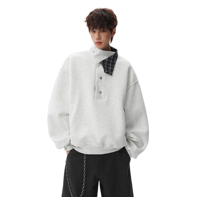 Unisex Oversized Sweatshirt with detachable checked collar and snap button placket Mune Fashion