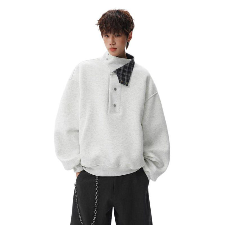 Unisex Oversized Sweatshirt with detachable checked collar and snap button placket Mune Fashion