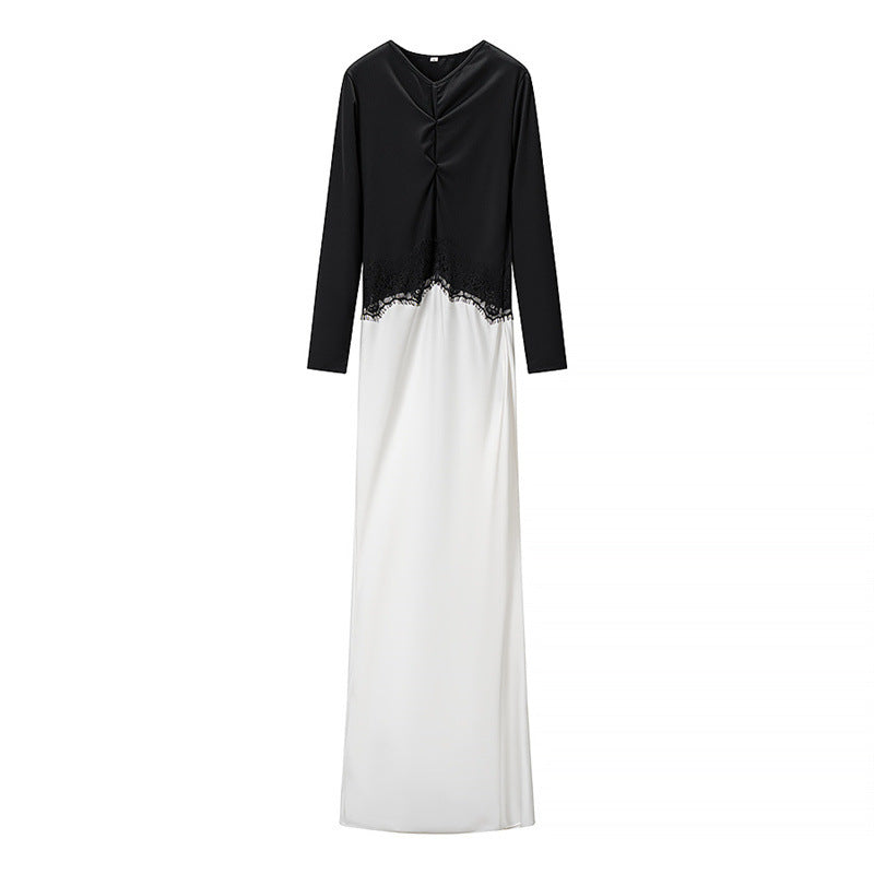 Women Two-tone Maxi Dress with Gathered V Yoke, Lace Trim and Long Sleeves Mune Fashion