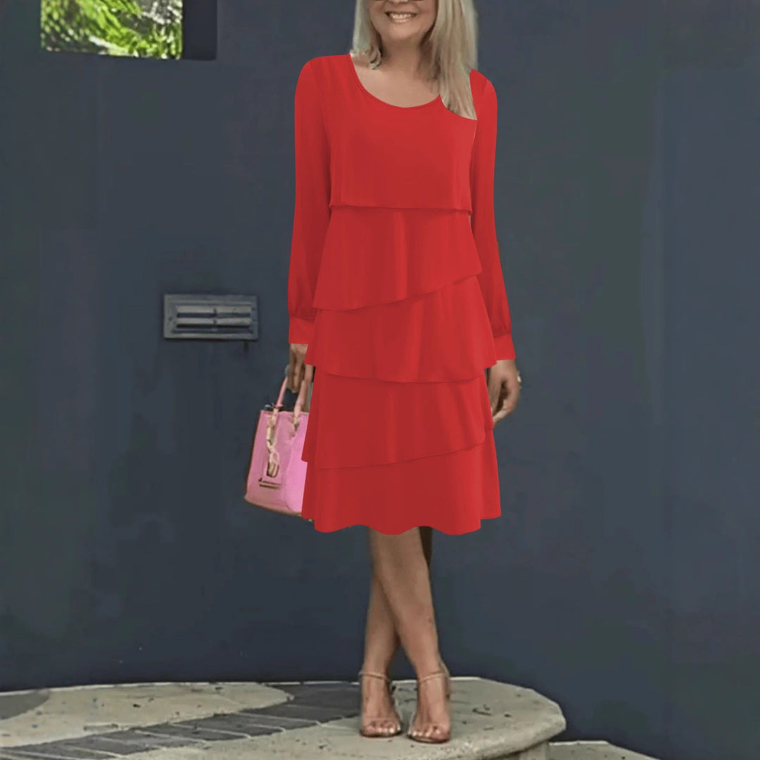 Women Elegant Tiered Midi Dress with Ruffle Layers, Round Neckline and Cuffs