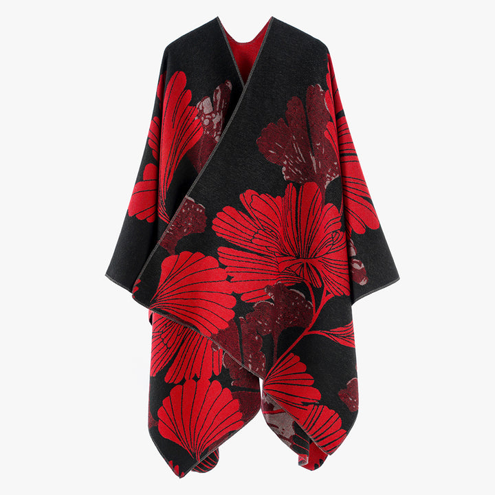 Women's Reversible Jacquard Cover-up with Large Leaf Patterns and Asymmetrical Pointed Hem