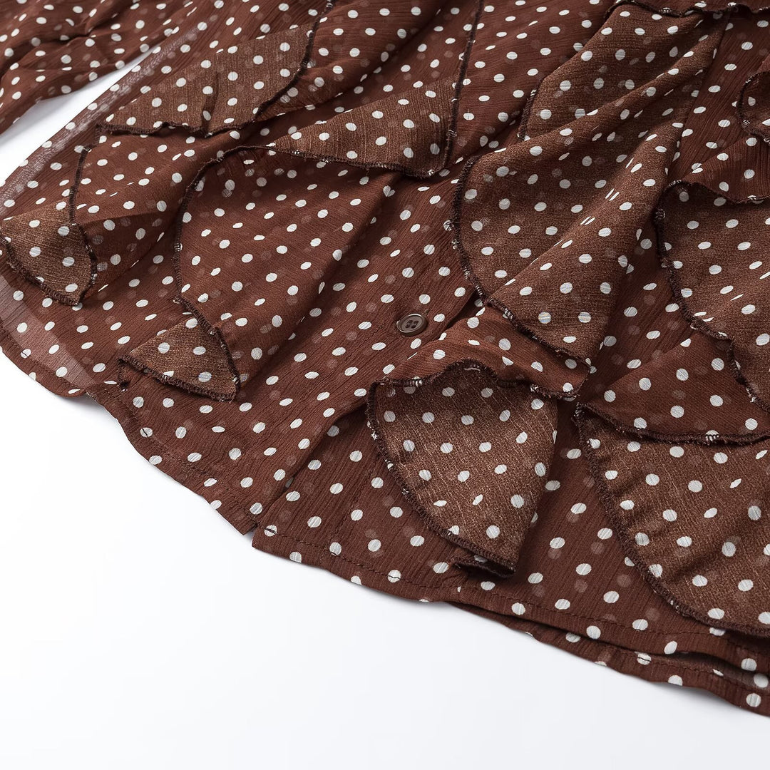 Women's semi-transparent chiffon blouse with dots, ruffle details and bow collar Mune Fashion