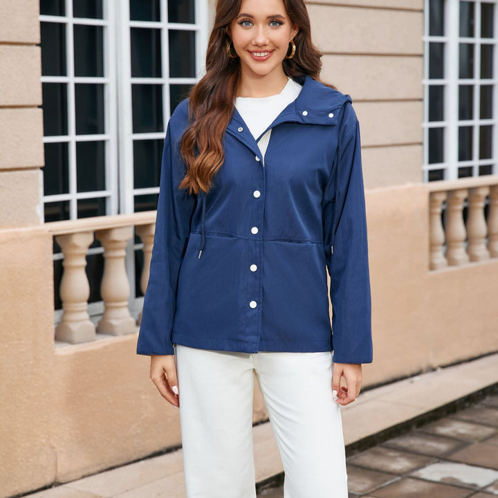 Ladies Lightweight Hooded Rain Jacket with Snap Button Placket and Drawstring Mune Fashion