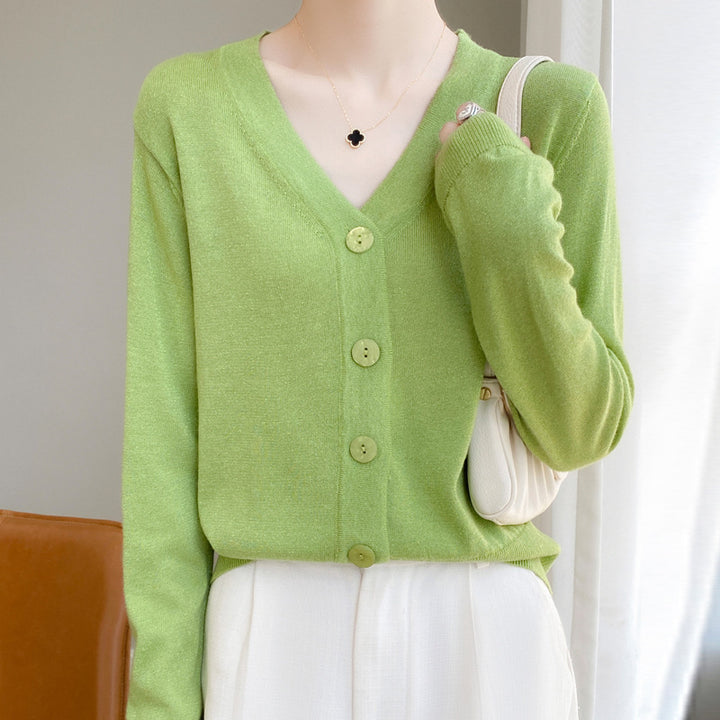 Women Light V-Neck Cardigan with Side Hem Slit and Ribbed Cuff Mune Fashion