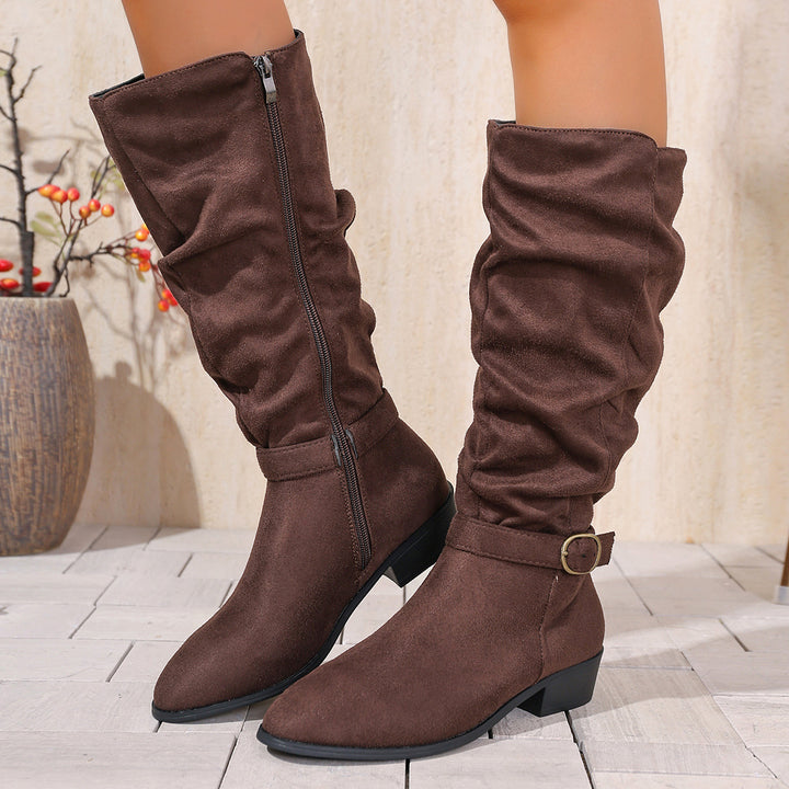 Women's knee-high slouch boots made of soft micro velvet with decorative belt and low block heel Mune Fashion