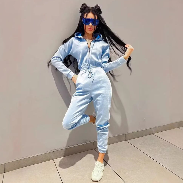 Women's cozy hooded jumpsuit with zipper and fitted drawstring Mune Fashion