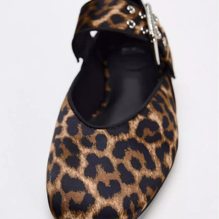 Ladies Flat Strap Ballerinas with Wide Decorative Buckle Strap and Leopard Pattern Mune Fashion