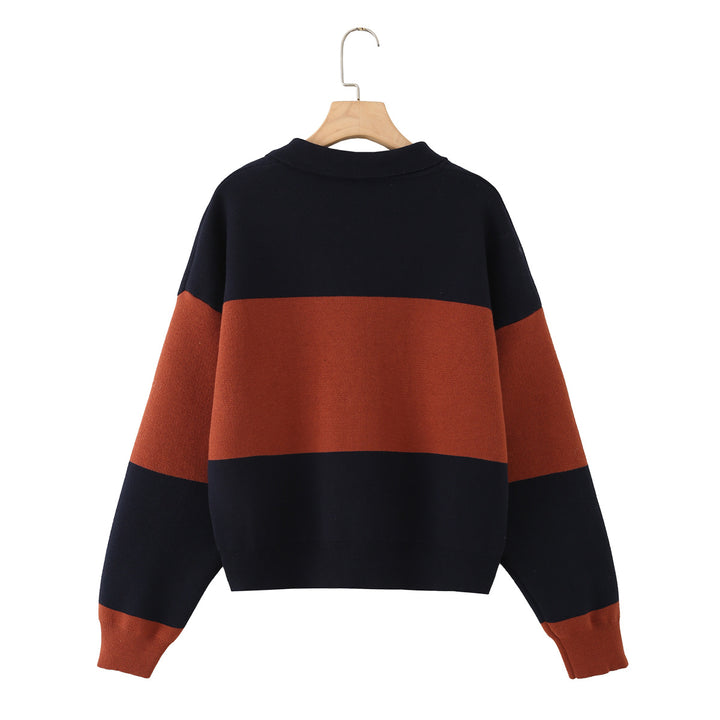 Women Oversized Polo Collar Sweater with Block Stripes Mune Fashion