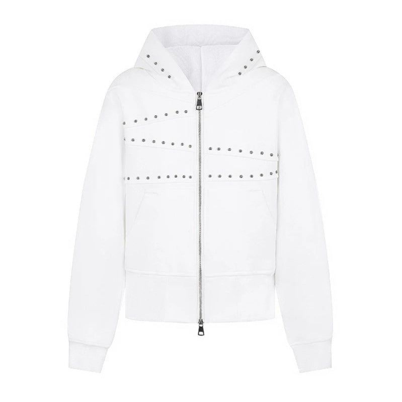 Women's hooded sweat jacket with studded accents, full-length zipper, and kangaroo pockets Mune Fashion