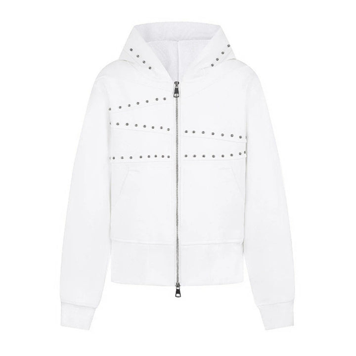 Women's hooded sweat jacket with studded accents, full-length zipper, and kangaroo pockets Mune Fashion