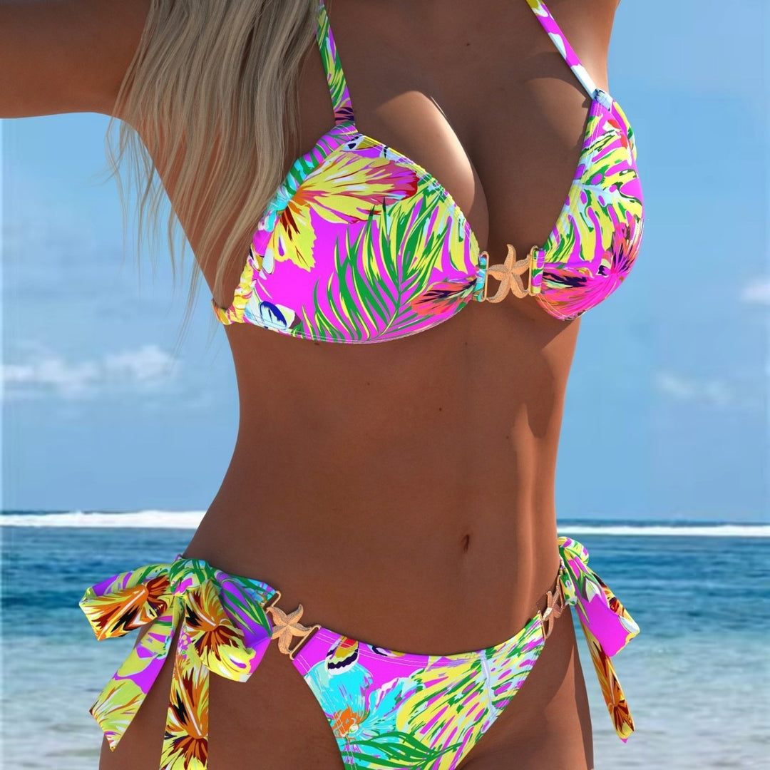 Women Triangle Bikini with Tropical Pattern and Decorative Lace-Up Details Mune Fashion