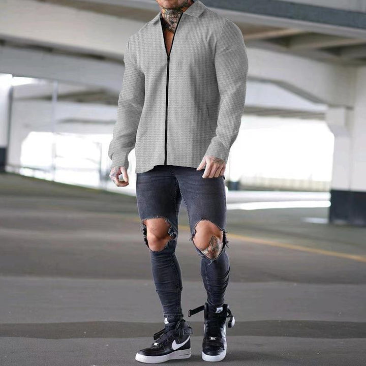 Men's structured long-sleeve shirt jacket with concealed half-zip, Kent collar, and light waffle texture Mune Fashion