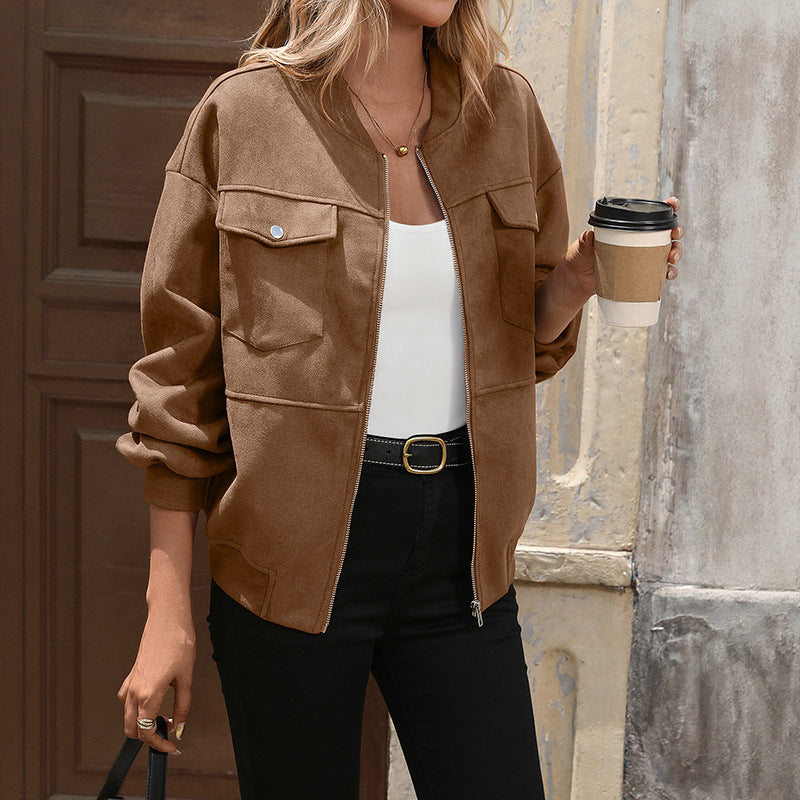 Women's Oversized Suede Look Bomber Jacket with Chest Pockets and Zipper Mune Fashion