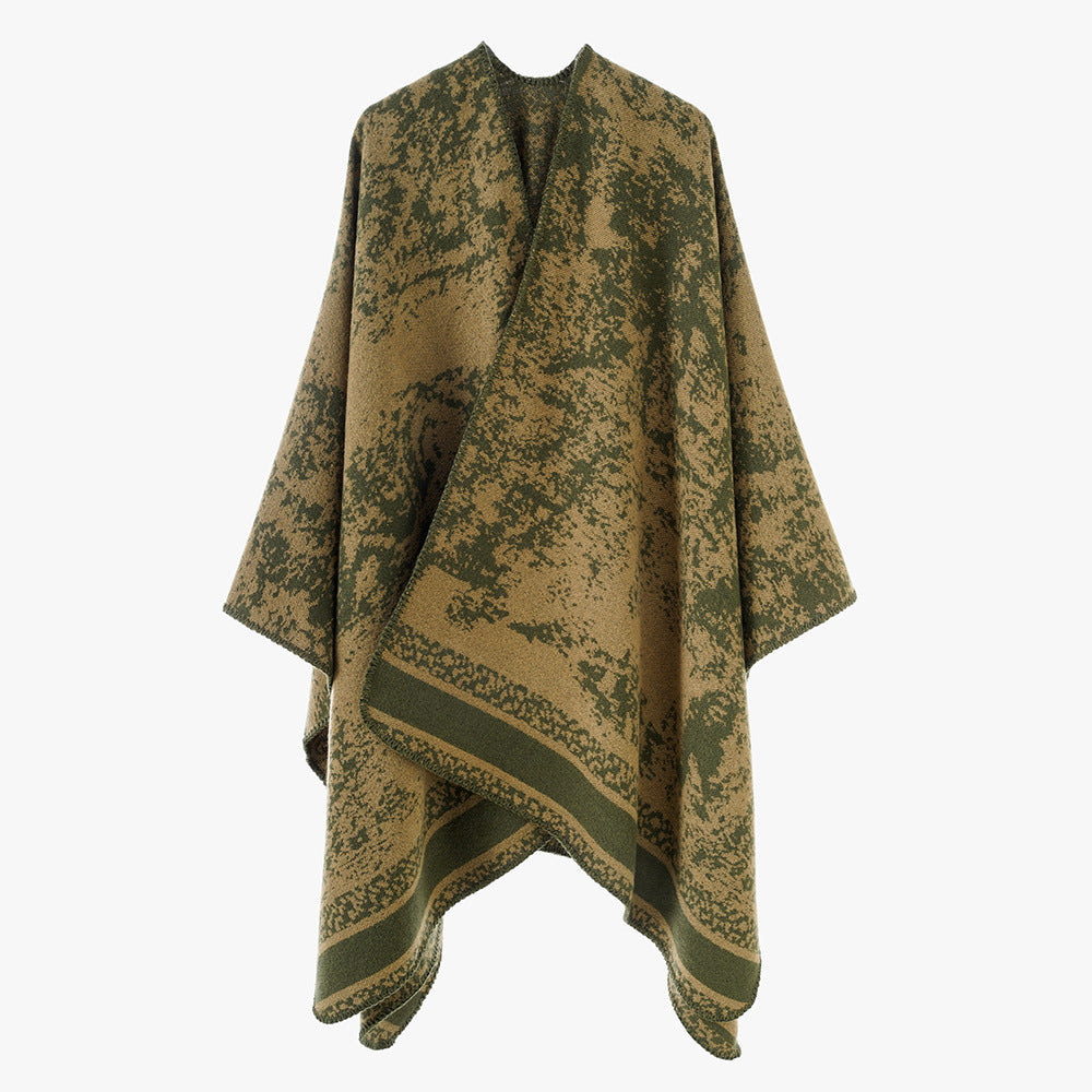 Women's jacquard wrap poncho with open front, boxy silhouette, and finely hemmed edge Mune Fashion