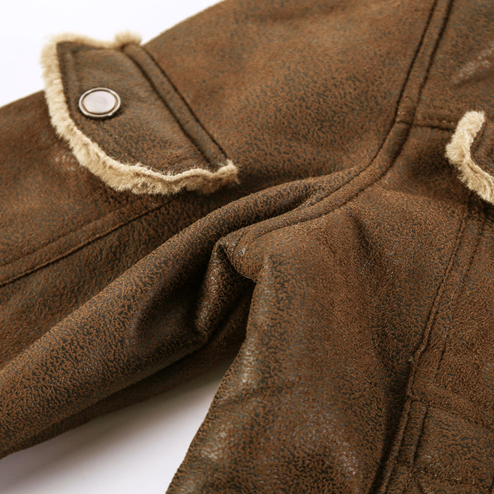 Men's Fleece-Lined Lambskin Imitation Biker Jacket with Stand-Up Collar and Flap Pockets Mune Fashion