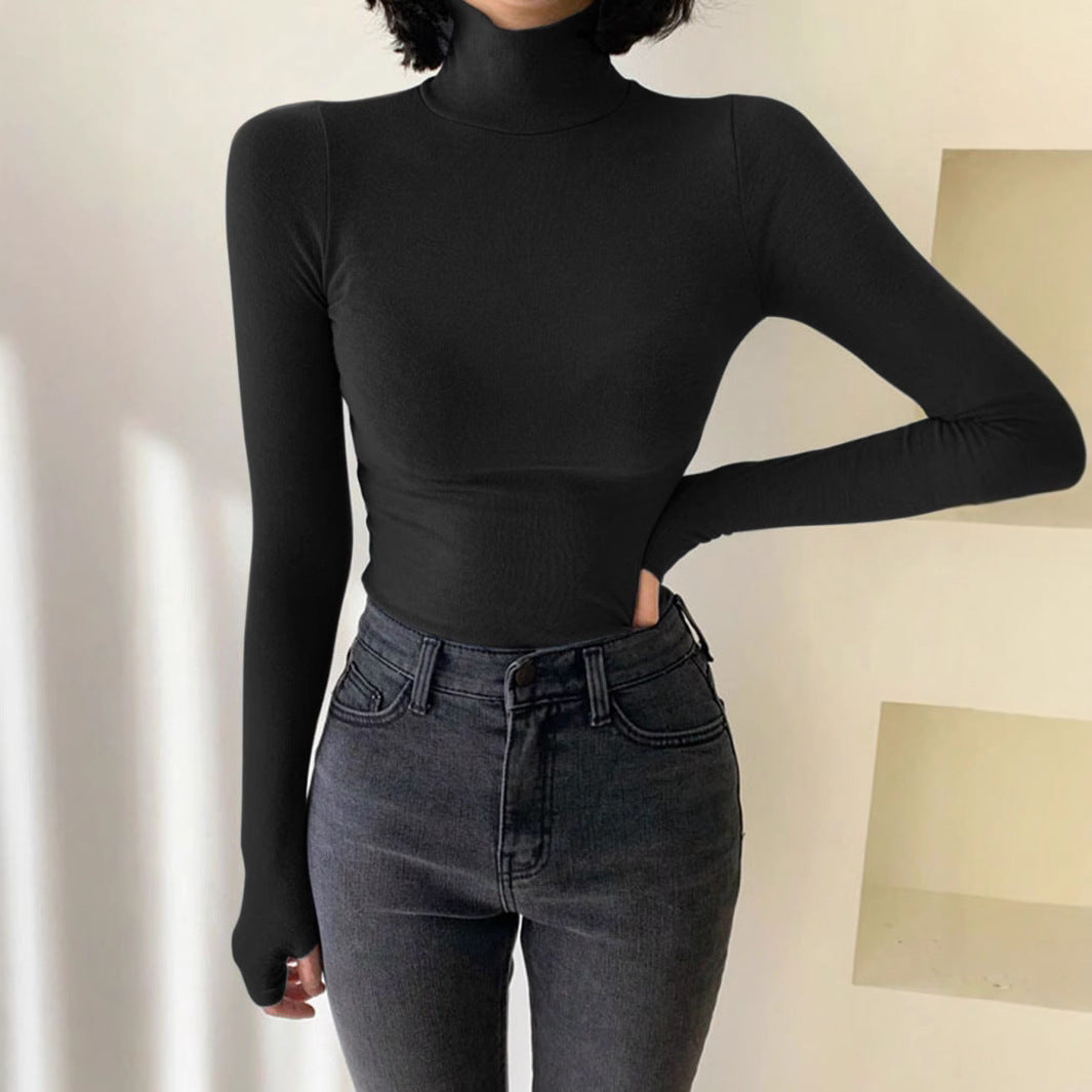 Women Fitted Turtleneck Long Sleeve Made of Ribbed Knit with Thumbhole Mune Fashion
