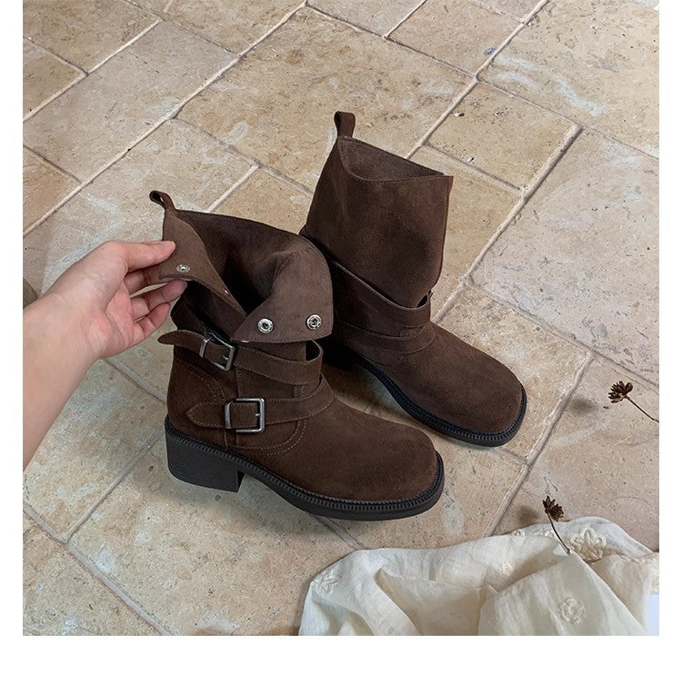 Women's suede biker boots with buckles and medium block heel Mune Fashion