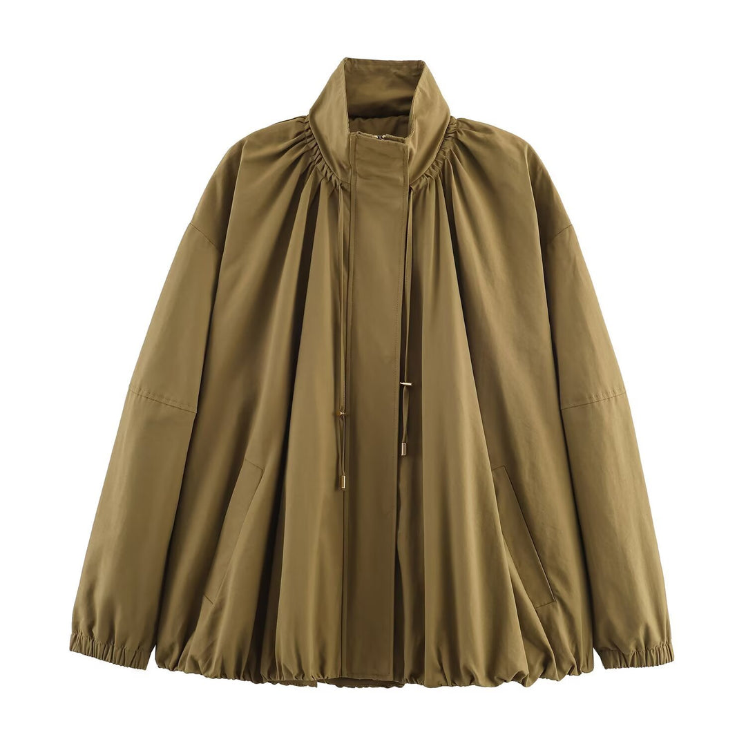 Women's Loose-Fitting Transitional Jacket with Drawstring Collar and Balloon-Shaped Hem Mune Fashion