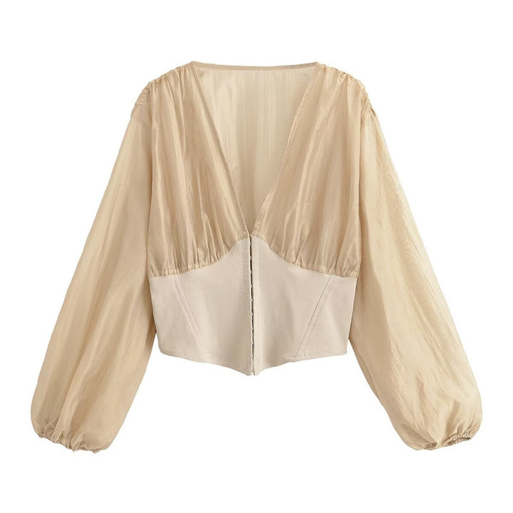 Women's Cropped Chiffon Blouse with Deep V-Neck and Tailored Corset Waist Mune Fashion