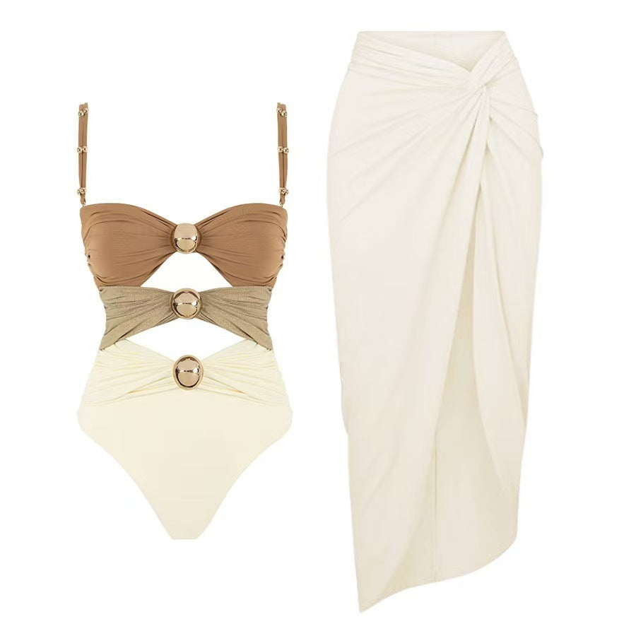 Ladies' one-piece swimsuit with fashionable lacing details and chic beach maxi skirts Mune Fashion