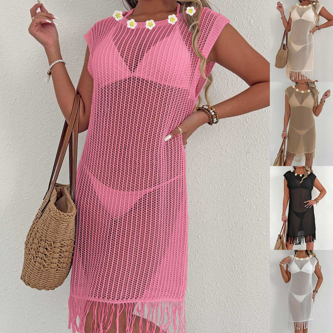 Women airy net beach dress with fringes Mune Fashion