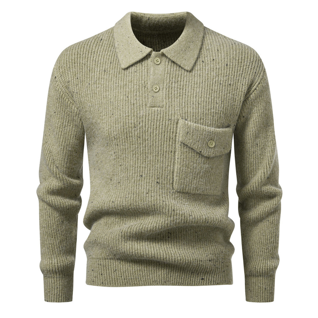 Men's ribbed knit polo collar sweater with patch chest pocket Mune Fashion
