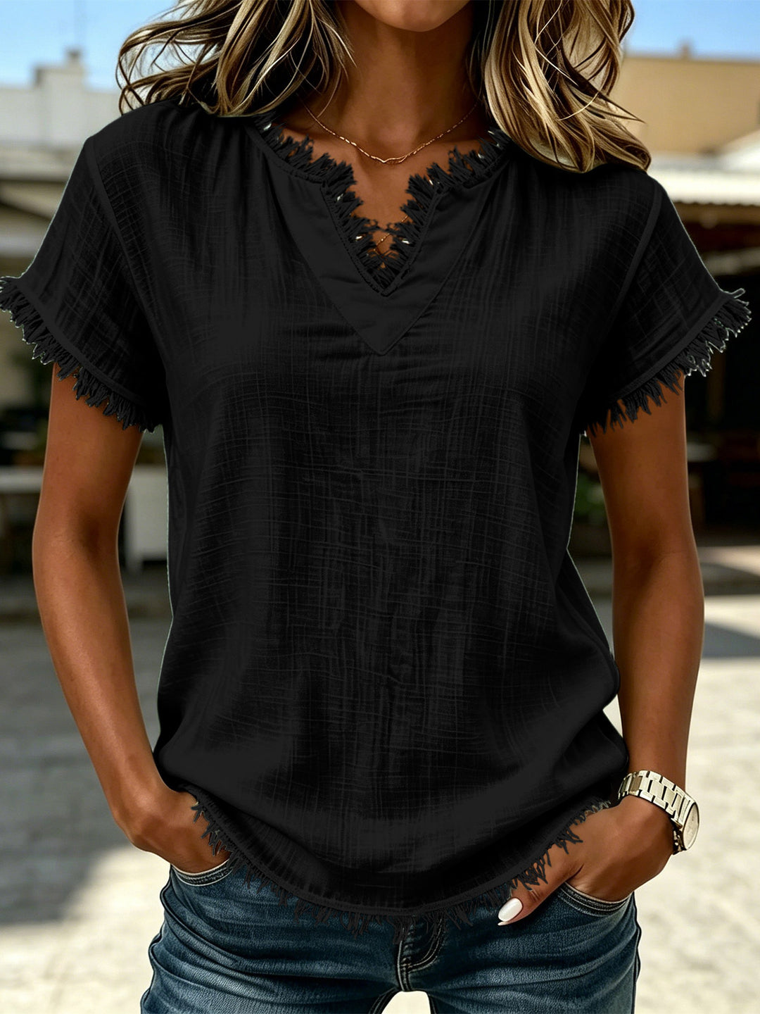 Ladies Lightweight T-Shirt with Fringed Accents Mune Fashion