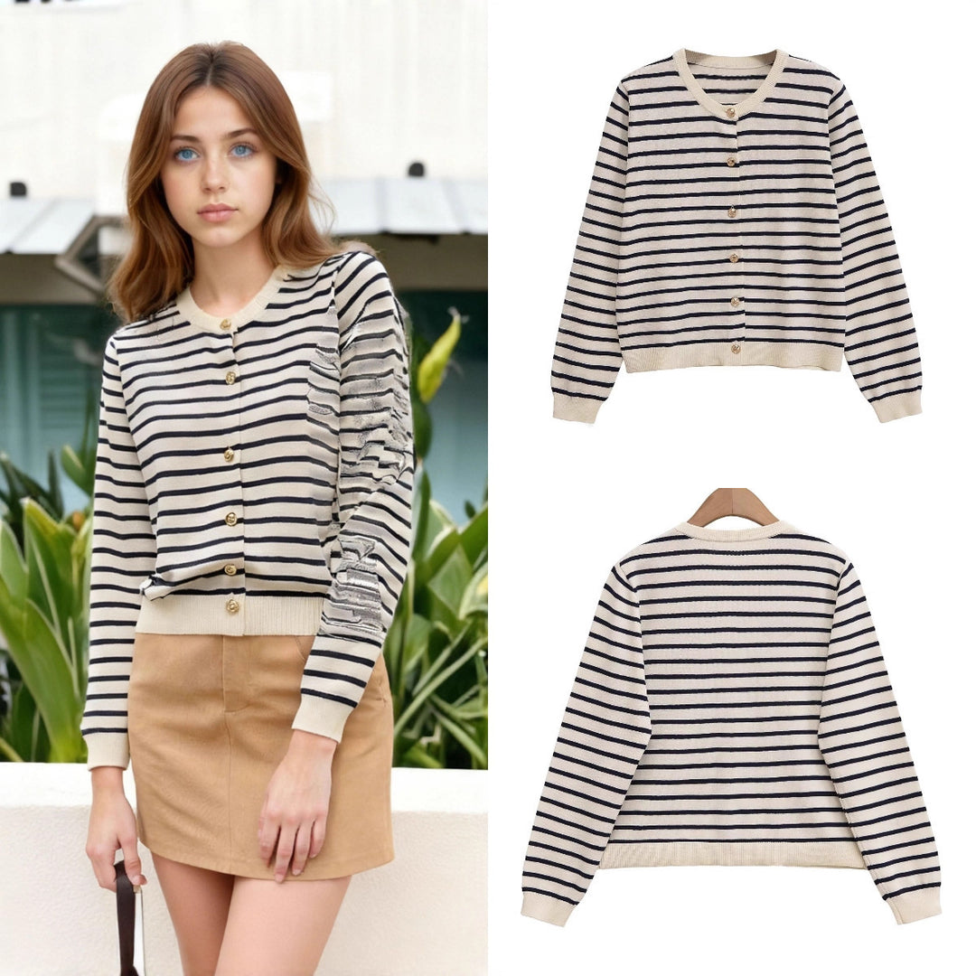 Women's Striped Lightweight Cardigan with Round Neckline and Decorative Buttons Mune Fashion