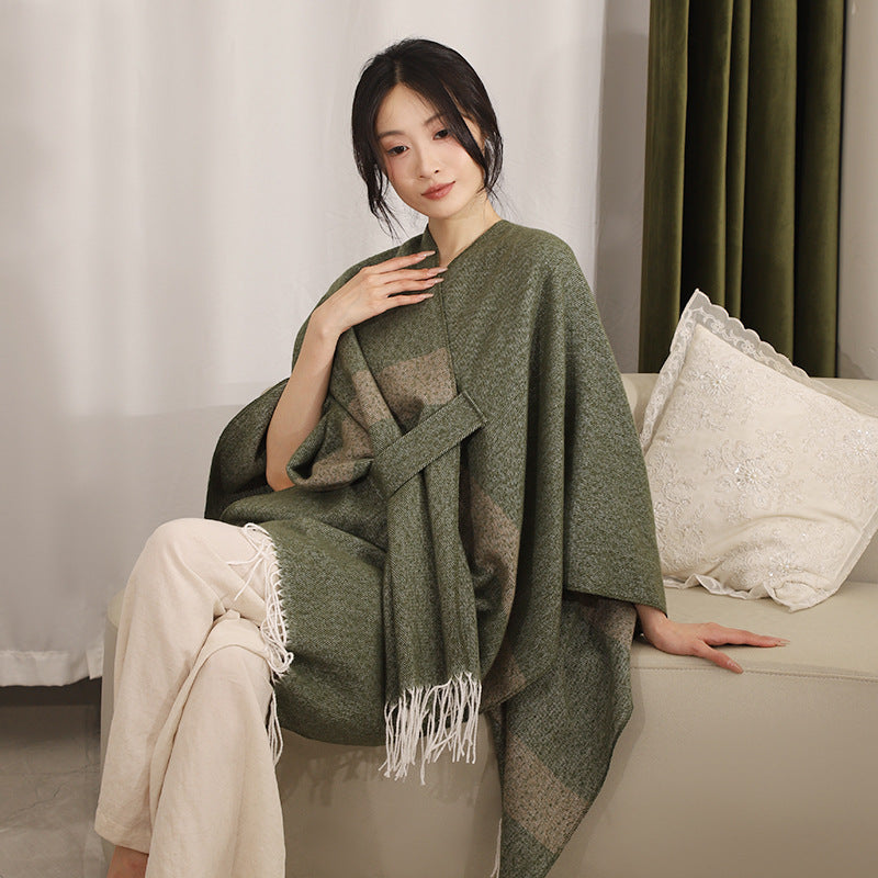 Women Woven Wool Blend Ruana with Diagonal Stripes and Fringes Mune Fashion