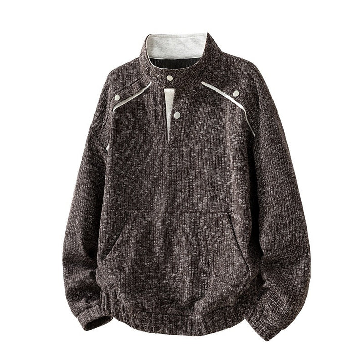 Men's Oversize Structure Half-Zip Knit Sweater with Stand-Up Collar, Snap Placket & Kangaroo Pocket Mune Fashion