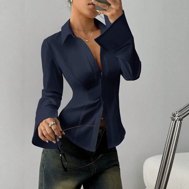 Women's Tailored Satin Blouse with Shaping Seams and Wide Cuffs Mune Fashion