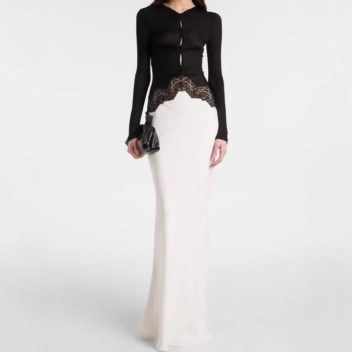 Women's maxi dress with lace insert, gathered front and flowing hem Mune Fashion