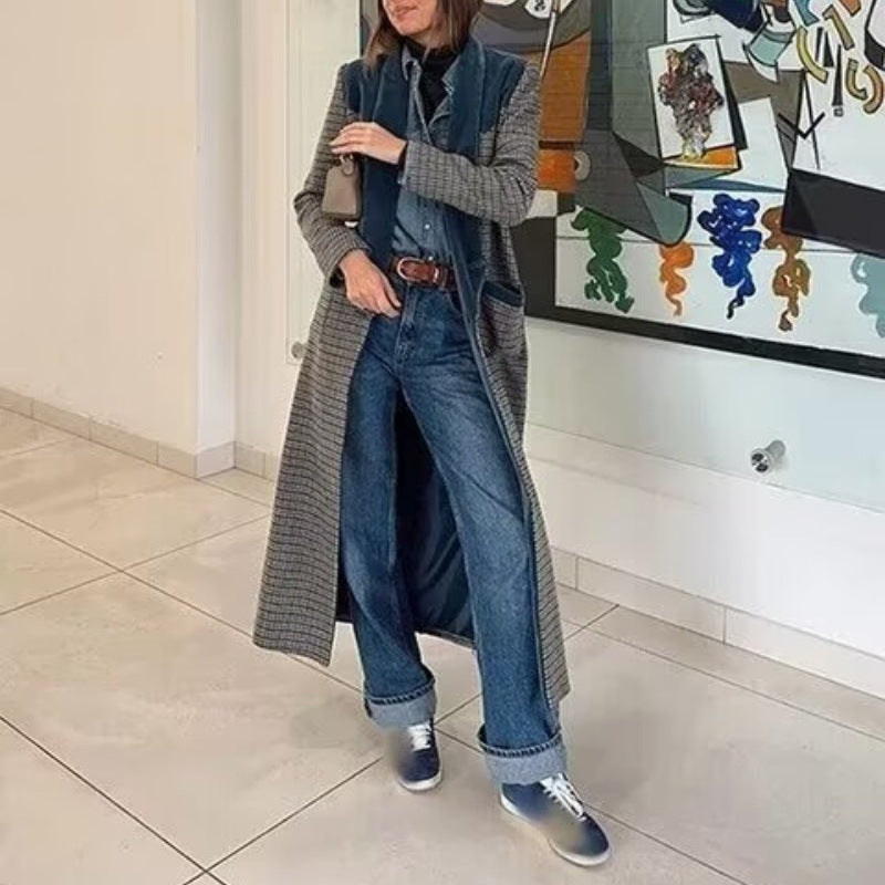 Women's long wool blend coat with velvet shawl collar and piped pockets Mune Fashion