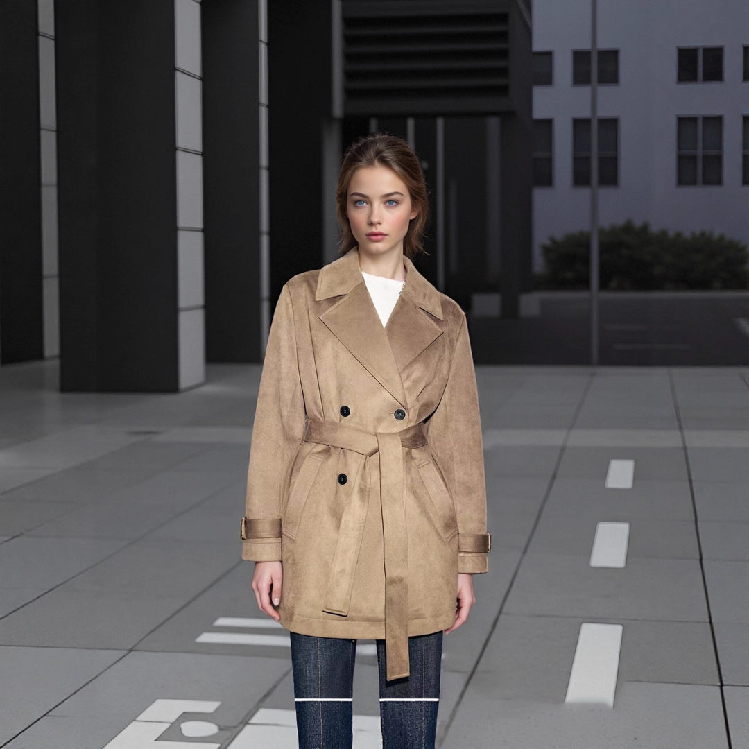 Women's Tailored Suede Look Trench Coat with Belt and Double Breasted Button Placket Mune Fashion