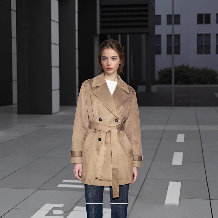 Women's Tailored Suede Look Trench Coat with Belt and Double Breasted Button Placket Mune Fashion