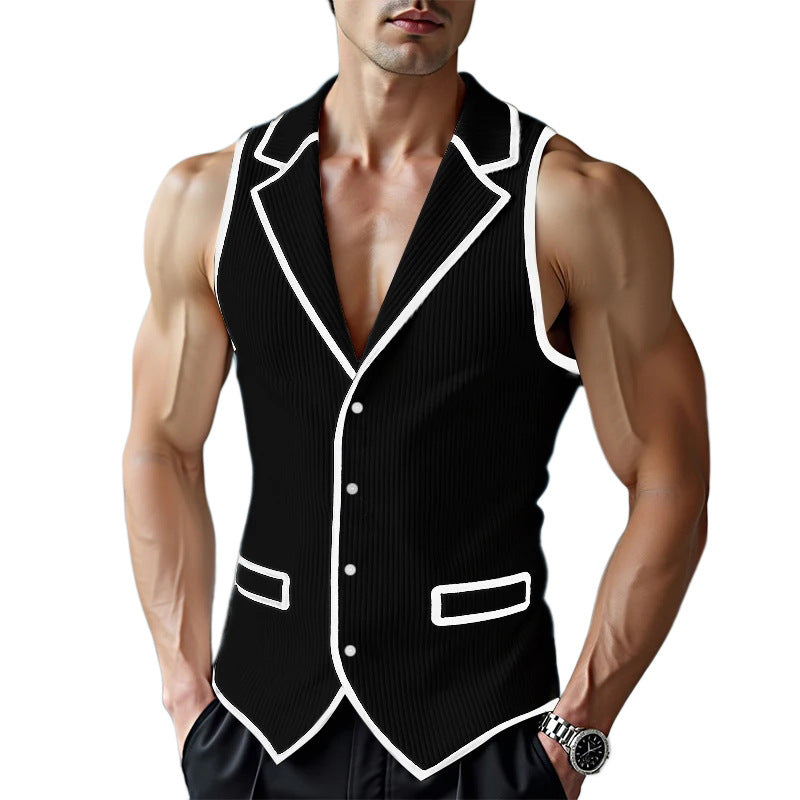 Men's sleeveless tailored jersey vest with notched lapel and contrast piping Mune Fashion