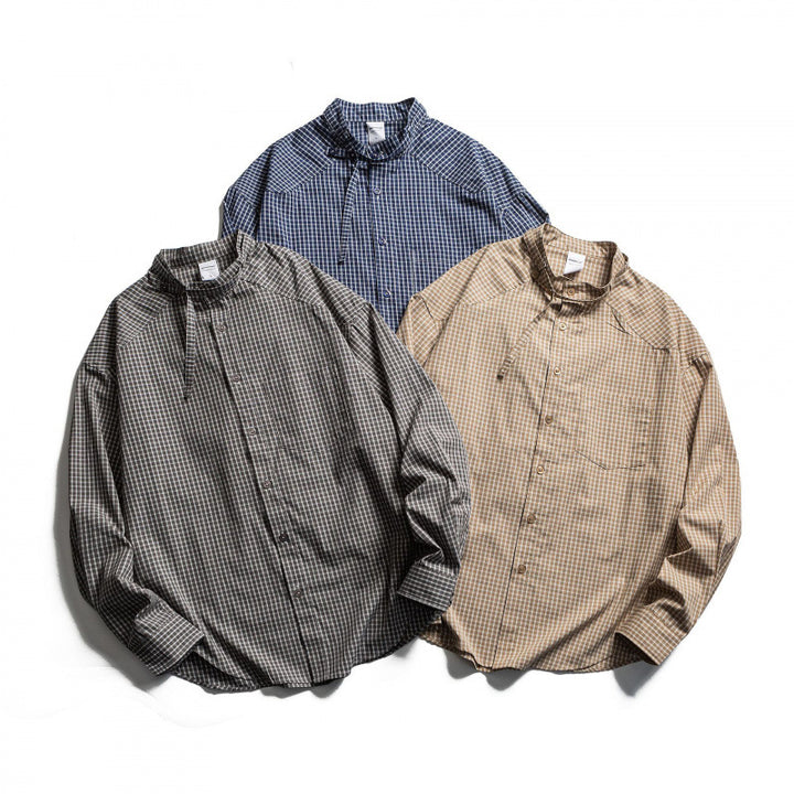 Men's Checked Oversize Shirt with Stand Collar, Drawstring and Raglan Sleeves Mune Fashion