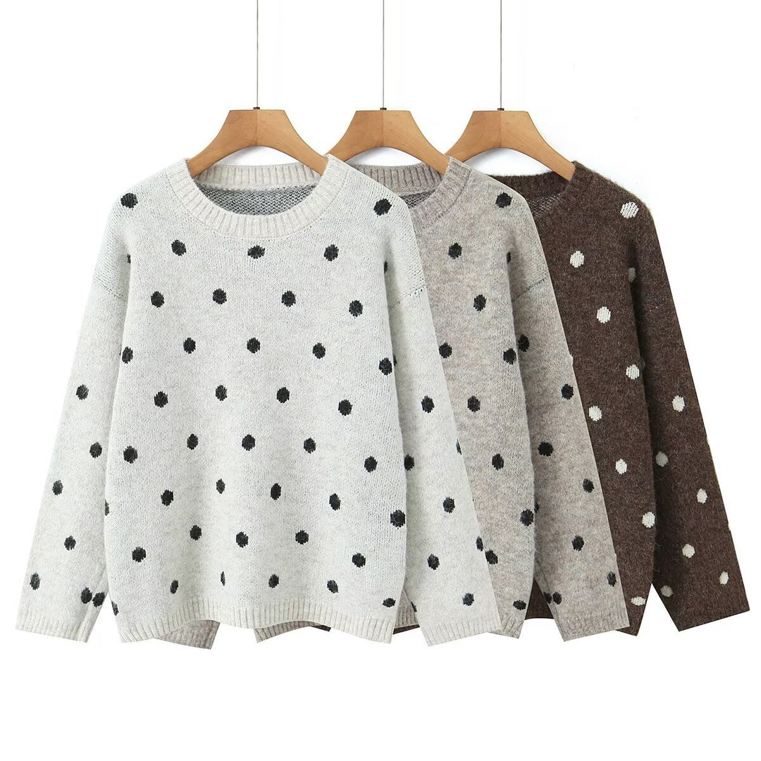 Women's Polka Dot Oversized Knit Sweater with Round Neck