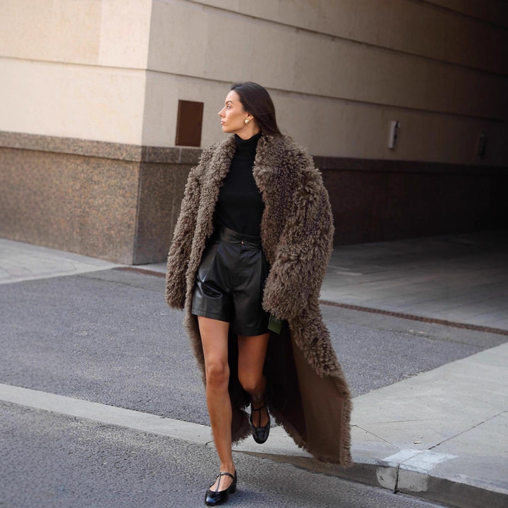 Women's Maxi Long Curly Teddy Coat in Sheepskin Look Mune Fashion