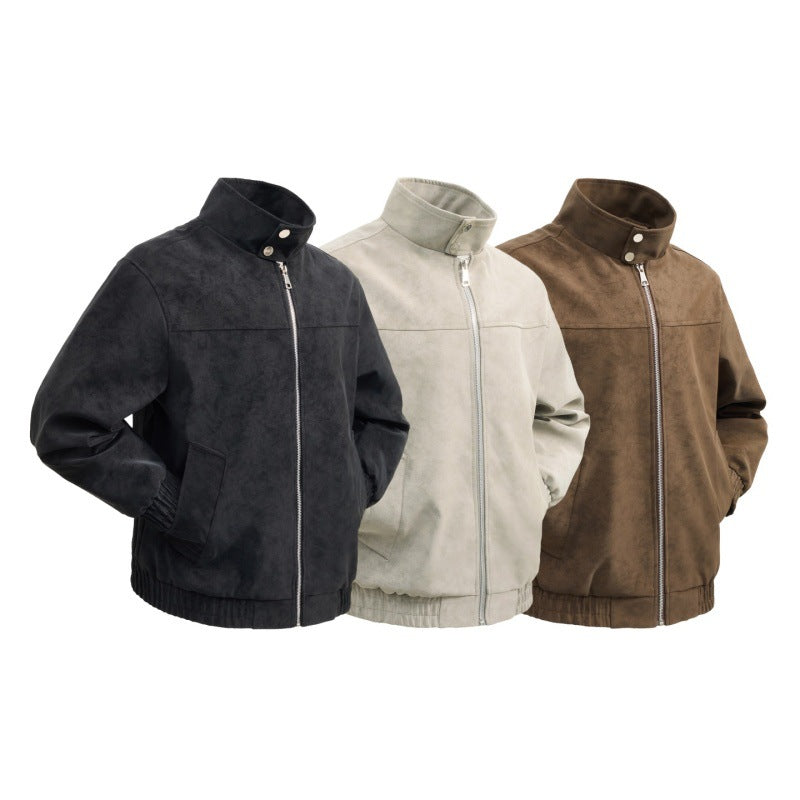 Men's short velour imitation blouson with high stand-up collar, metal zipper, and elastic hem Mune Fashion