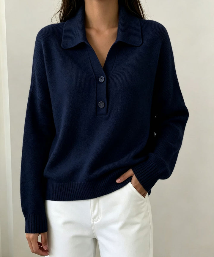 Women Polo Collar Sweater with Half Button Placket and Ribbed Hem Mune Fashion